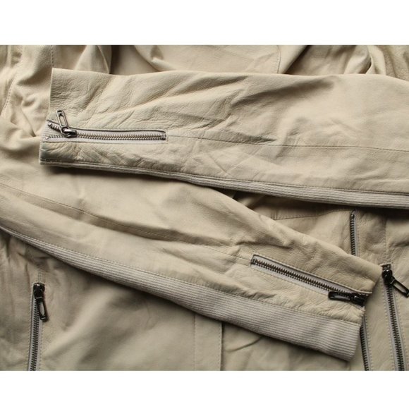 Vince Drape Front Leather Jacket Ivory/ Bone Moto Size Medium Wool Trim - Picture 10 of 14